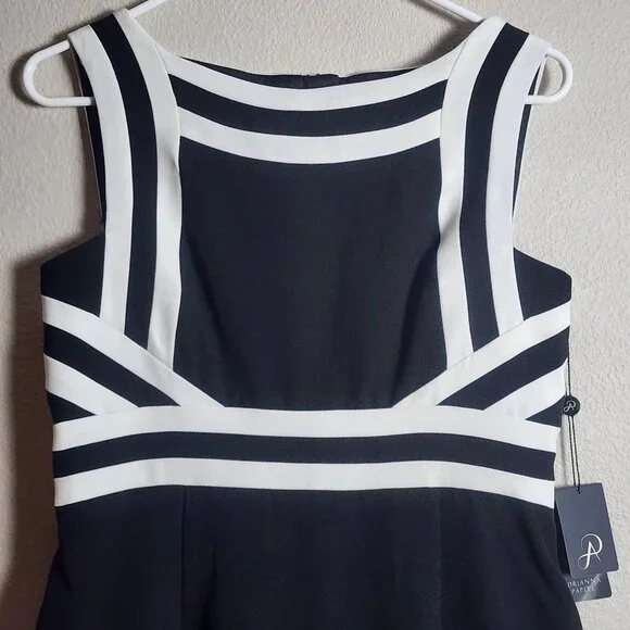 Adrianna Papell Dress Womens 8P Black White Striped Crepe Sheath New  Colorblock Midi